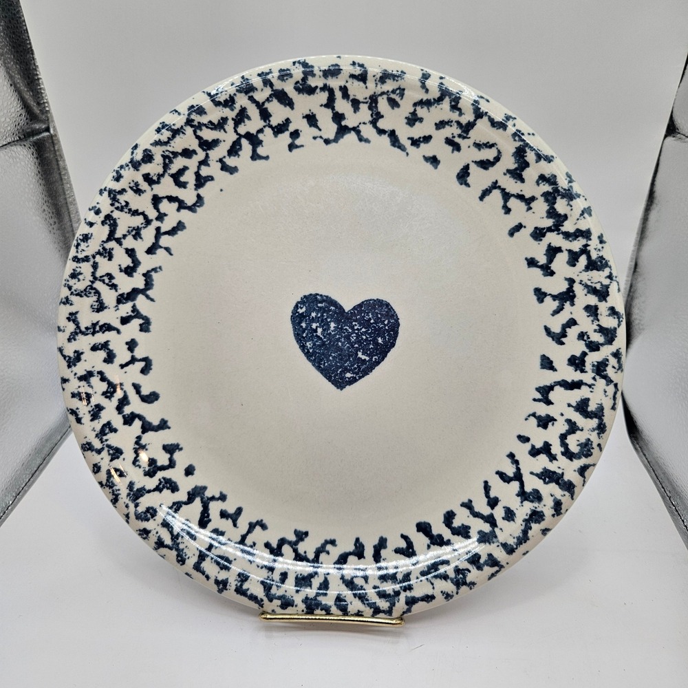 Tienshang Folk Craft Hearts Dinner Plate Blue Sponge Heart Cream Stoneware 10.5"